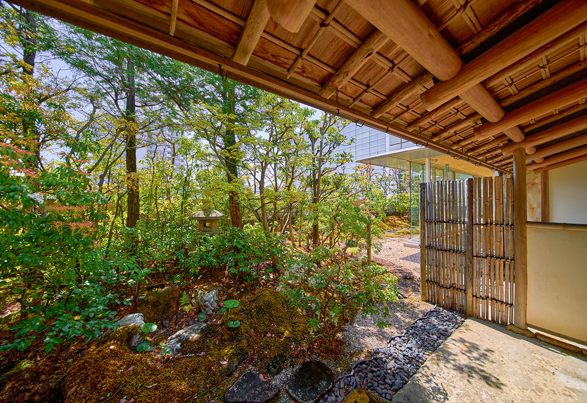 写真：茶室前の日本風の庭。奥の施設と竹垣で区切られて、独立した空間のよう。