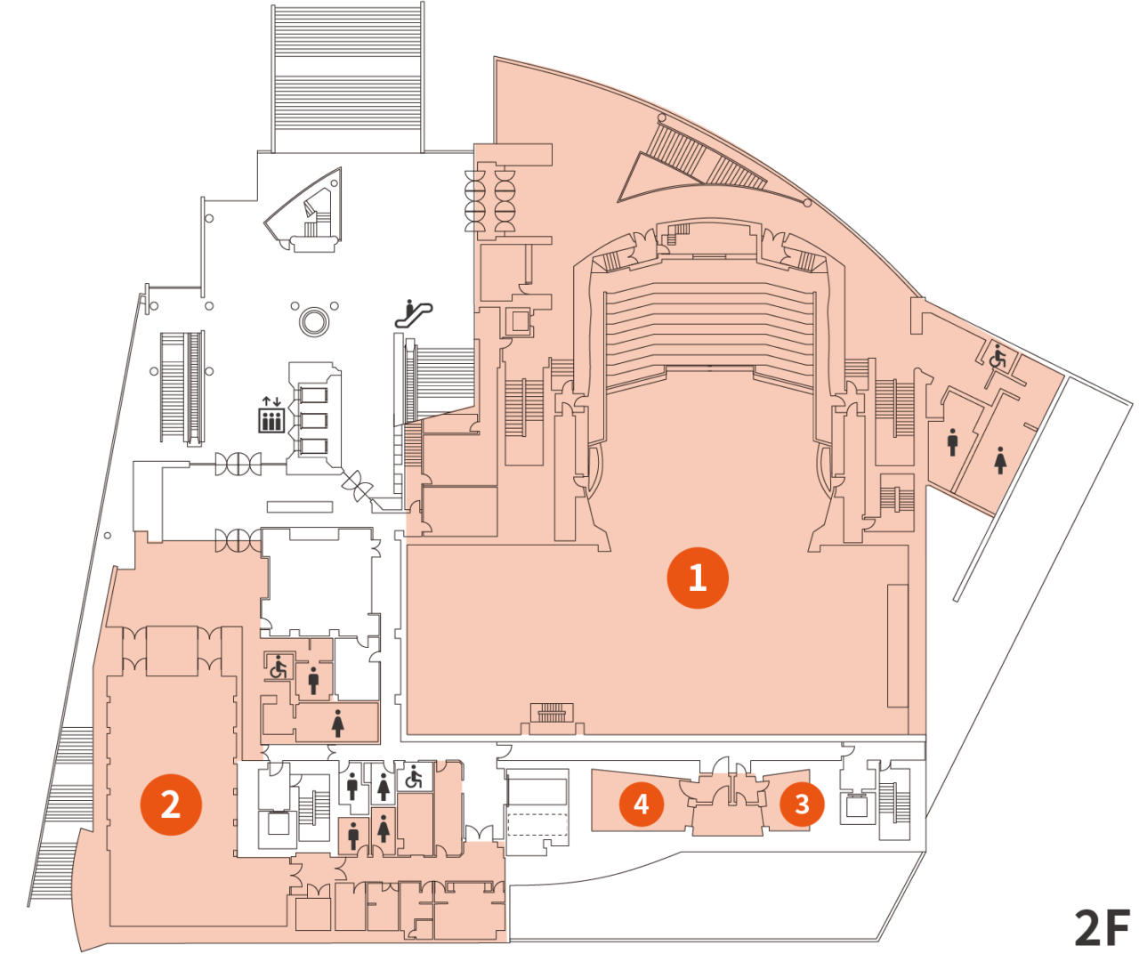 2階フロアマップ。正面大階段を登ったところに大ホールがある。エレベーター奥に小ホール、大ホールの裏にスタジオがある。