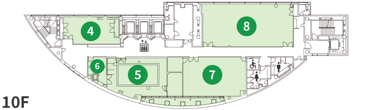 10階フロアマップ。階の中央にエレベーター、両端に階段がある。男女、多目的トイレあり。5つの公民館施設。
