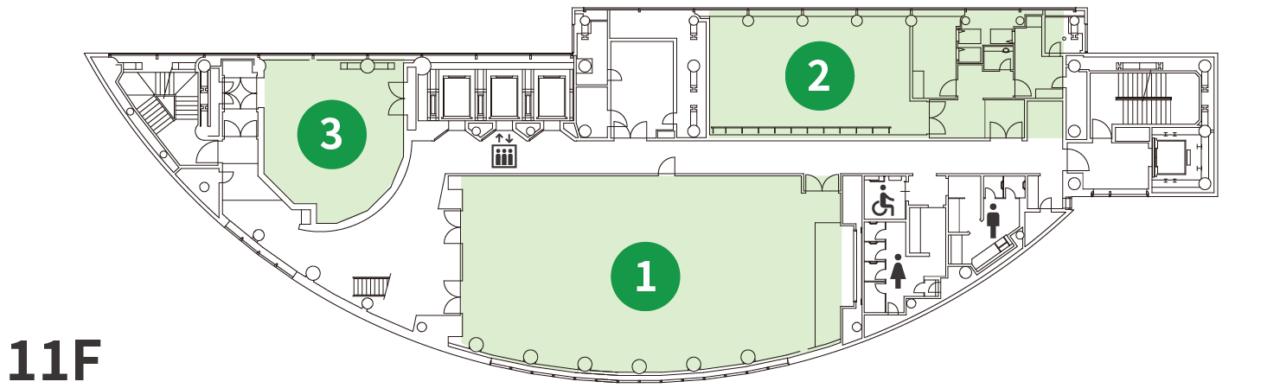 11階フロアマップ。階の中央にエレベーター、両端に階段がある。男女、多目的トイレあり。3つの公民館施設。