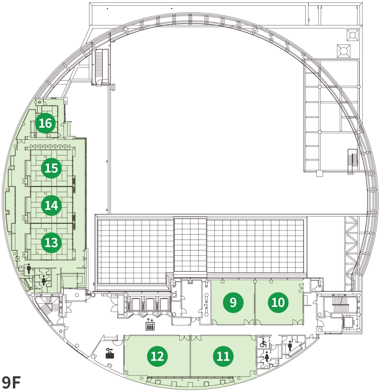 9階フロアマップ。円形のフロア中央下部にエレベーター、四隅に階段がある。男女、多目的トイレ、ロッカー室あり。8つの公民館施設。
