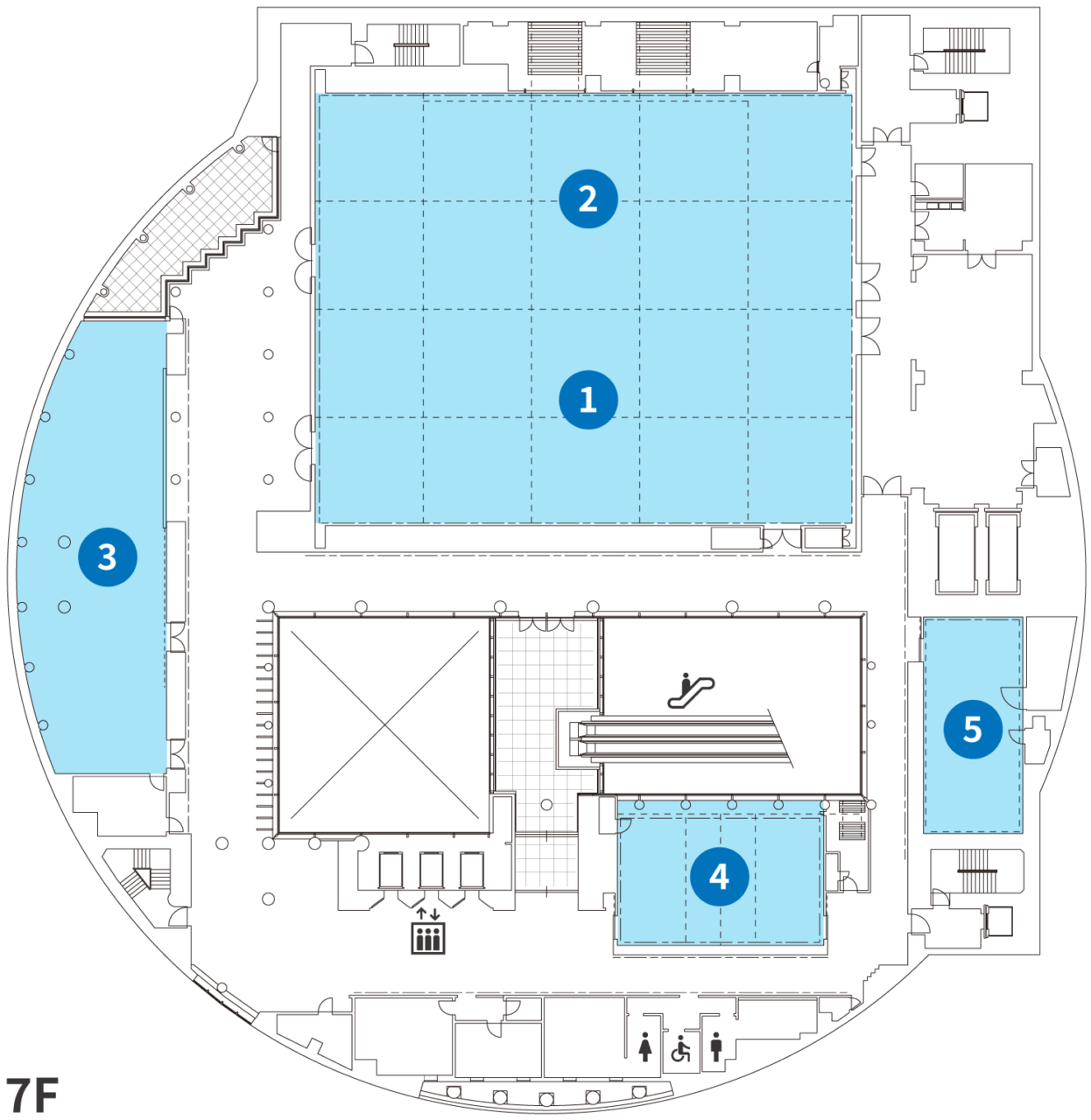 7階フロアマップ。円形のフロア中央にエスカレーターと吹き抜けがある。エレベーター、男女、多目的トイレあり。5つの展示室の間には広い廊下やロビーがある。